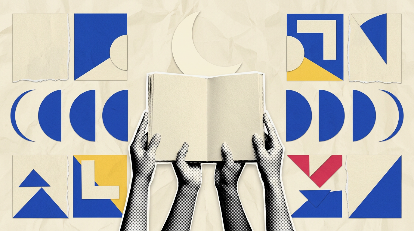 Hands holding an open book beneath a crescent moon, surrounded by cobalt lunar phases and geometric paper shapes