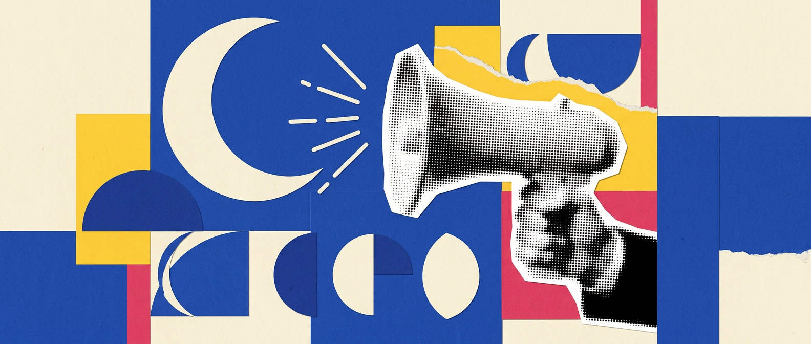 Moon-inspired cobalt collage with a crescent moon, lunar shapes, and a halftone hand holding a megaphone
